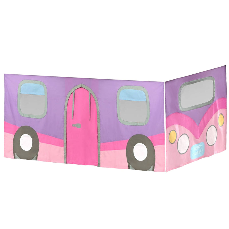 Kids' purple and pink camper-themed fabric bed tent with windows and door design.