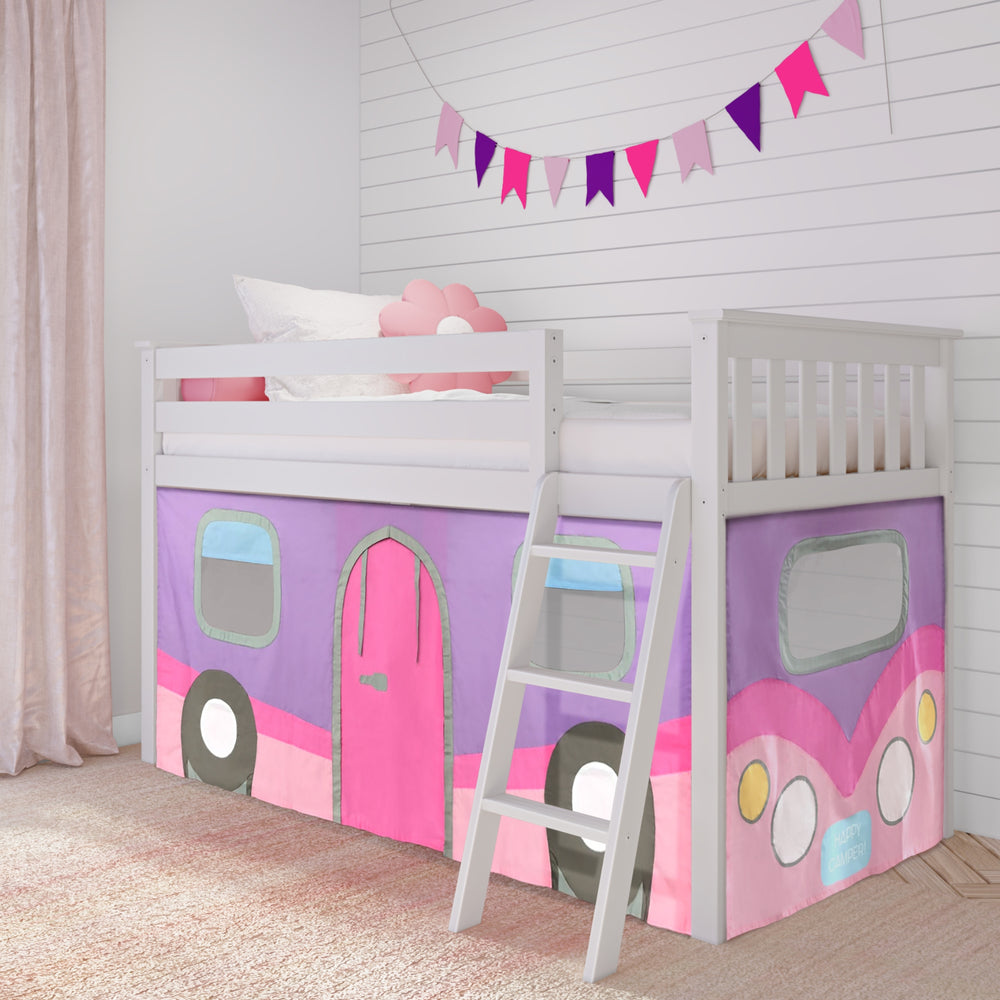 Kids' loft bed with colorful camper design and decorative bunting in a cozy bedroom setting.