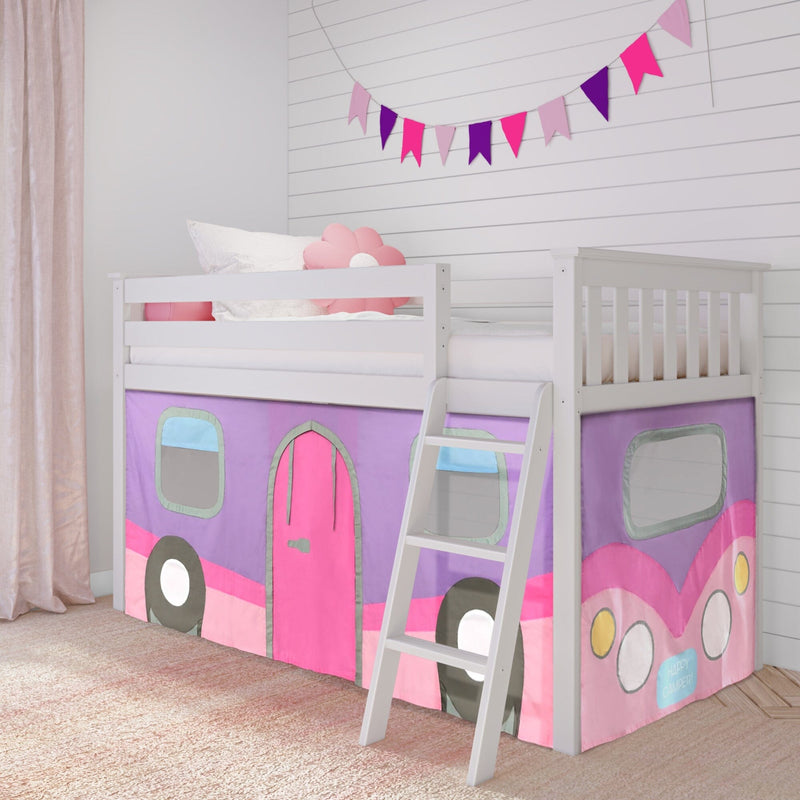 Kids' loft bed with colorful camper design and decorative bunting in a cozy bedroom setting.