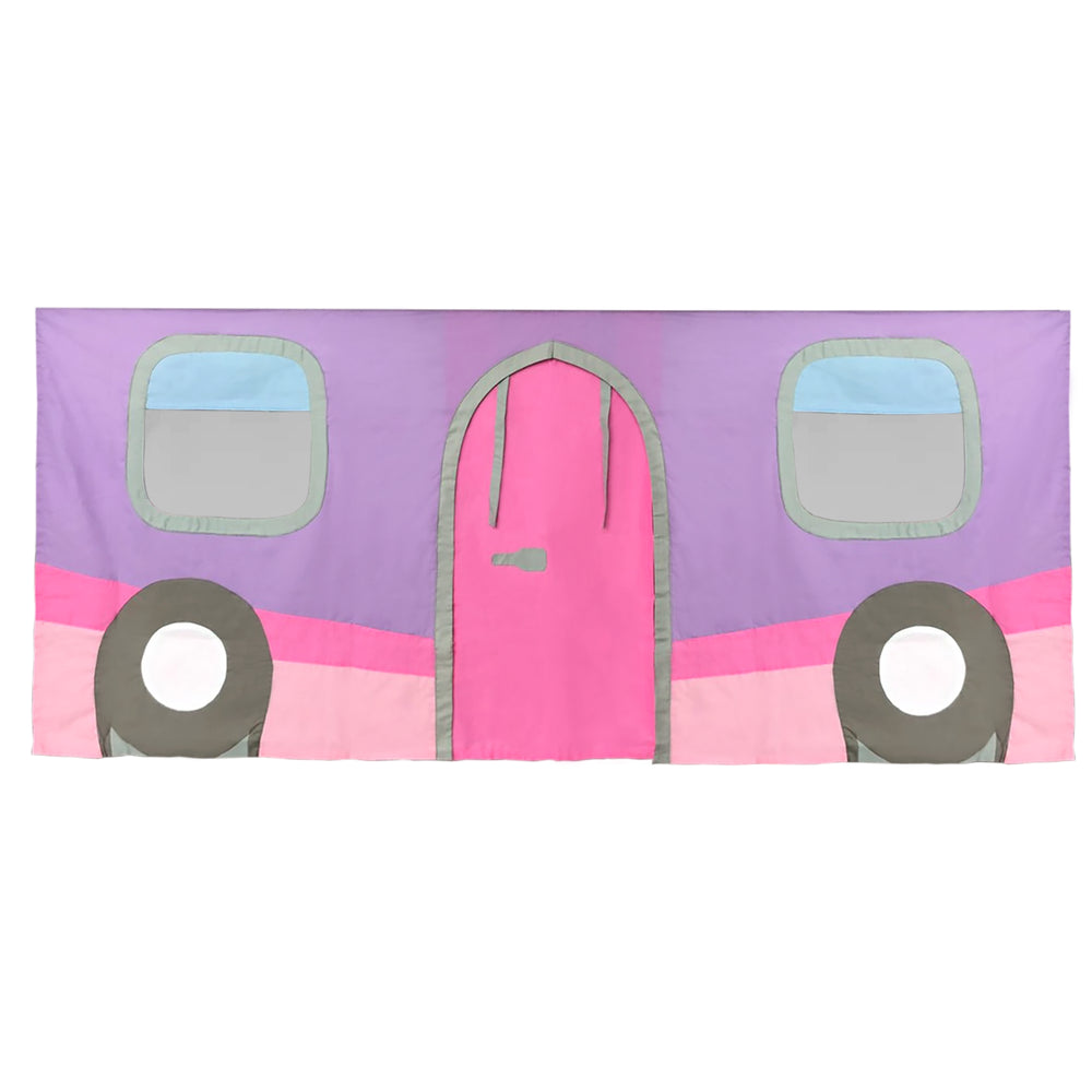 Colorful camper van-themed children's bed cover with pink, purple, and gray design elements.