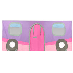 Colorful camper van-themed children's bed cover with pink, purple, and gray design elements.