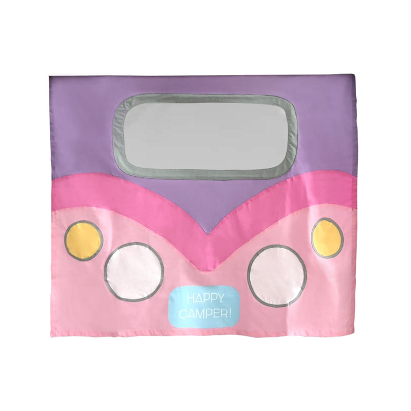 Colorful camper van play tent with "Happy Camper" text, ideal for children's imaginative play and indoor camping.