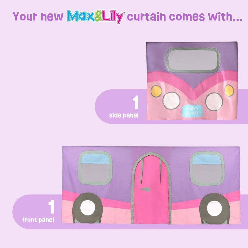Max & Lily pink and purple camper-themed curtain set with one side panel and one front panel.