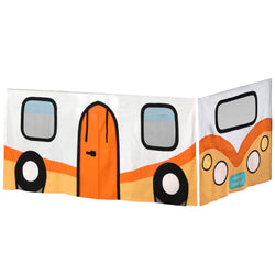 Colorful play tent shaped like a camper van, perfect for children's indoor camping adventures.