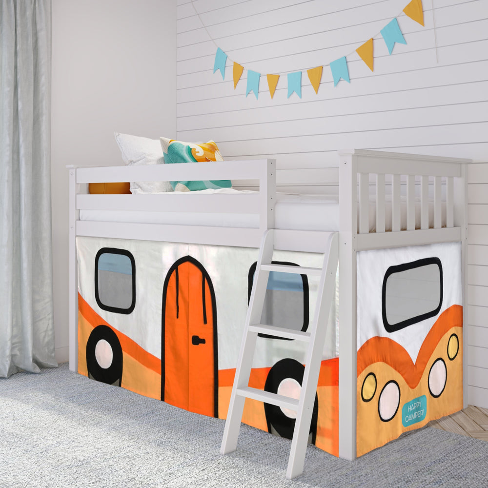 Loft bed with playful camper design, ladder access, and colorful bunting in a children's room.