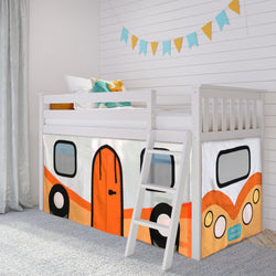 Loft bed with playful camper design, ladder access, and colorful bunting in a children's room.