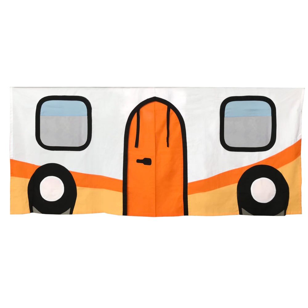 Colorful caravan-themed towel featuring orange, white, and black design, ideal for travel and camping enthusiasts.