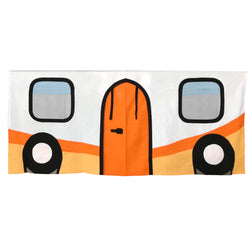 Colorful caravan-themed towel featuring orange, white, and black design, ideal for travel and camping enthusiasts.