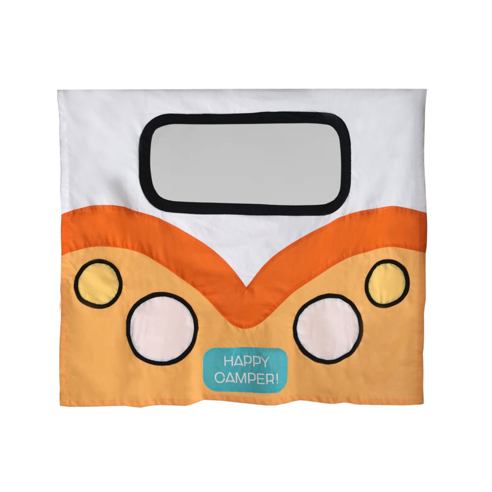 Colorful happy camper van design on fabric for kids' playroom or nursery decor.