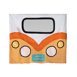 Colorful happy camper van design on fabric for kids' playroom or nursery decor.