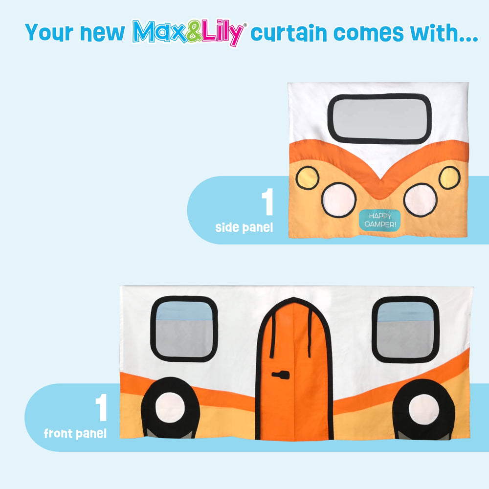 Max & Lily play curtain set featuring a side panel and front panel with a colorful camper van design, perfect for kids' bedrooms or play areas.