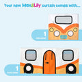 Max & Lily play curtain set featuring a side panel and front panel with a colorful camper van design, perfect for kids' bedrooms or play areas.