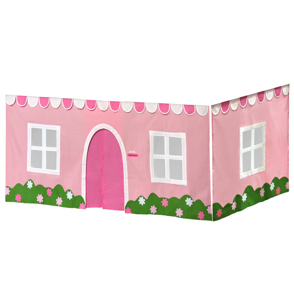 Pink children's playhouse with floral decorations and arched door.