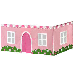 Pink children's playhouse with floral decorations and arched door.