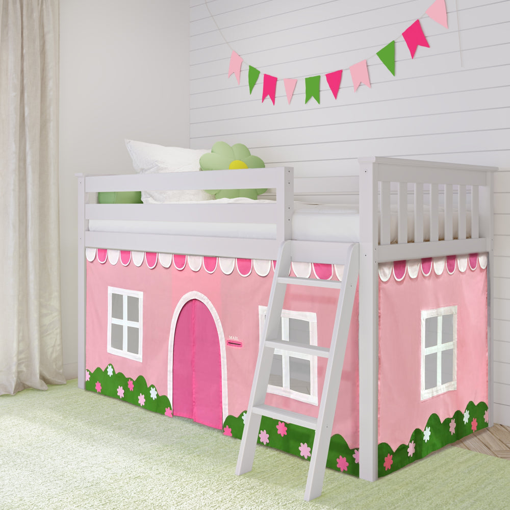 Children's pink playhouse loft bed with ladder and decorative bunting, perfect for kids' bedrooms.