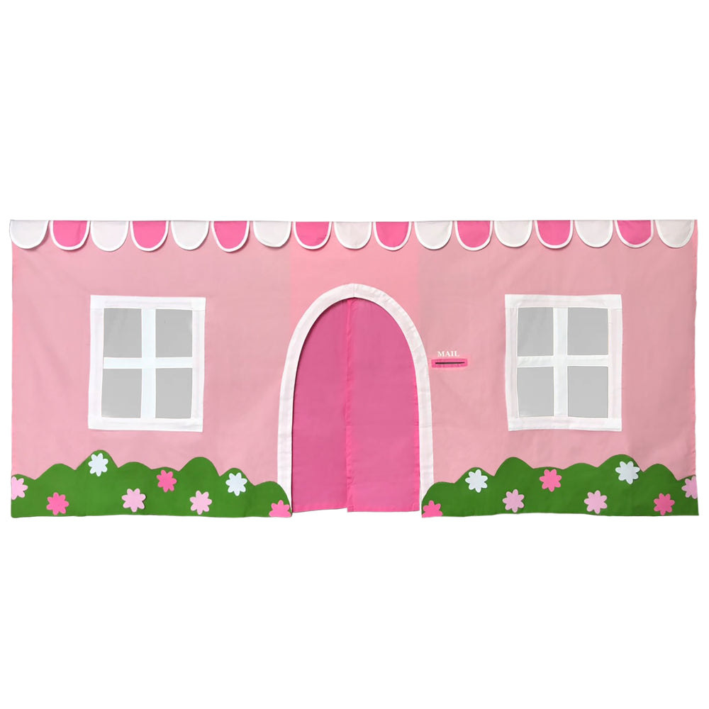 Pink playhouse tent cover with white windows and door featuring flower and scalloped awning design.