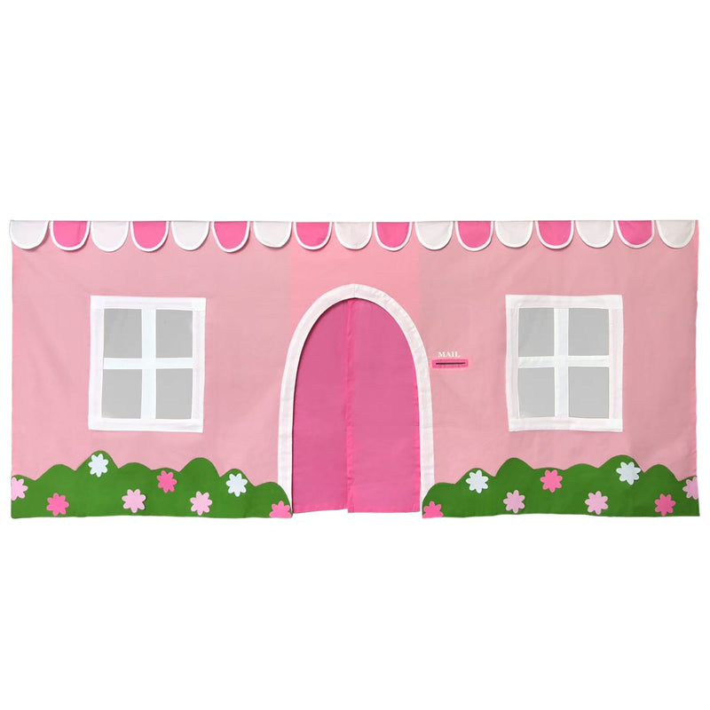 Pink playhouse tent cover with white windows and door featuring flower and scalloped awning design.