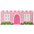 Pink playhouse tent cover with white windows and door featuring flower and scalloped awning design.