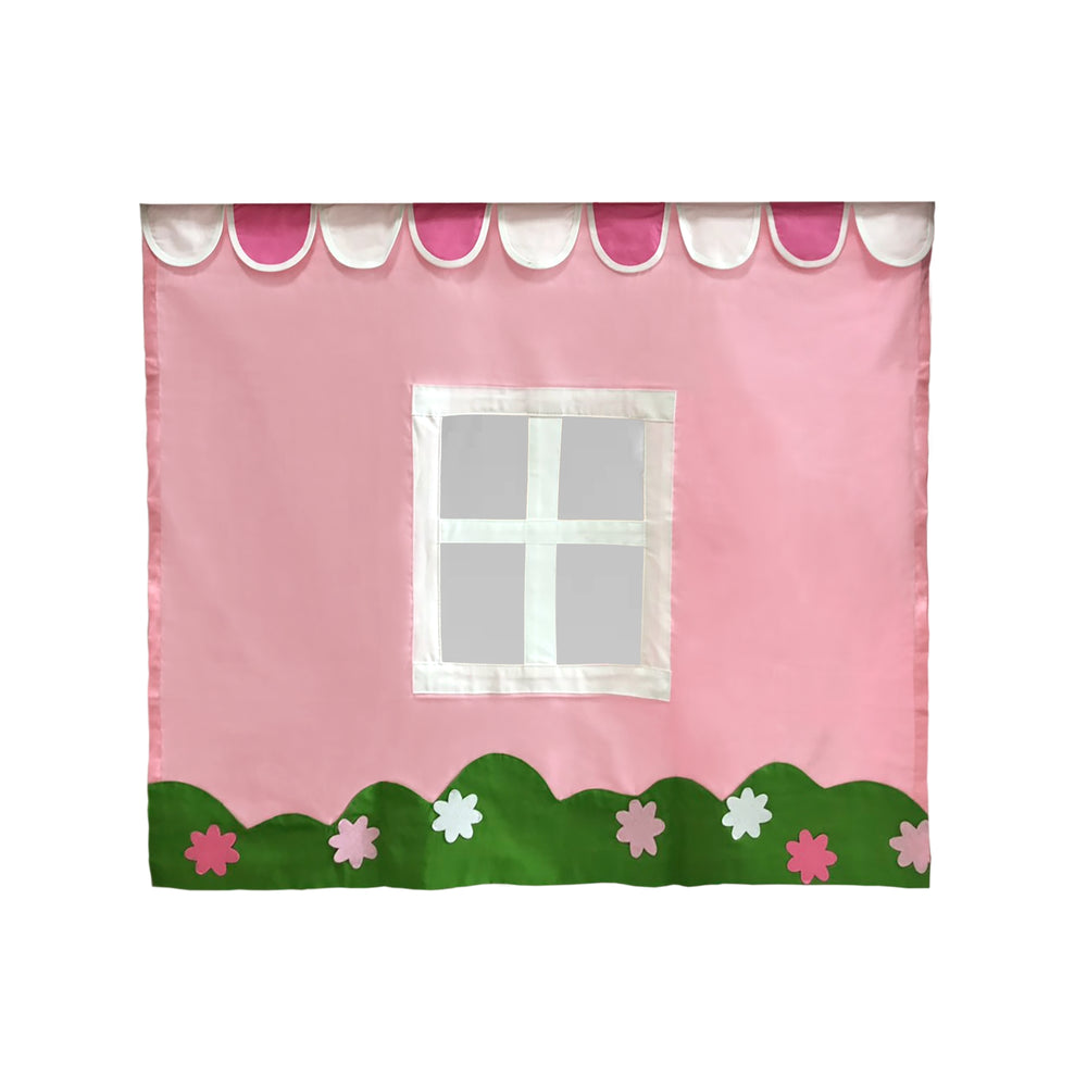 Pink and green children's tent cover with window and floral design.
