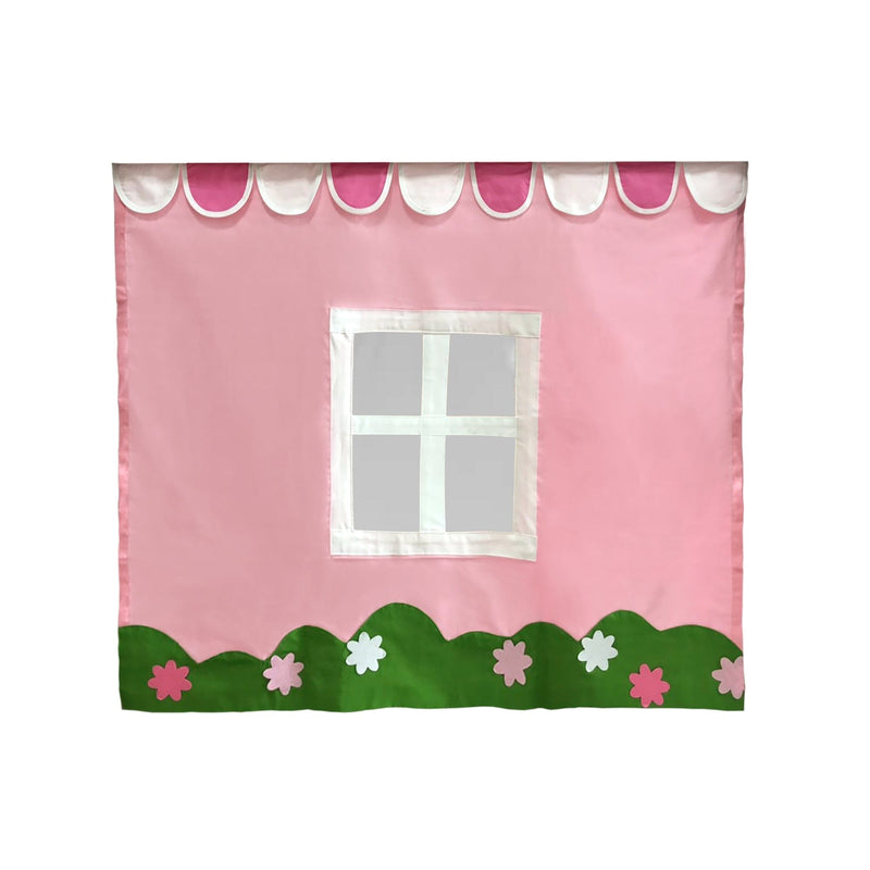 Pink and green children's tent cover with window and floral design.