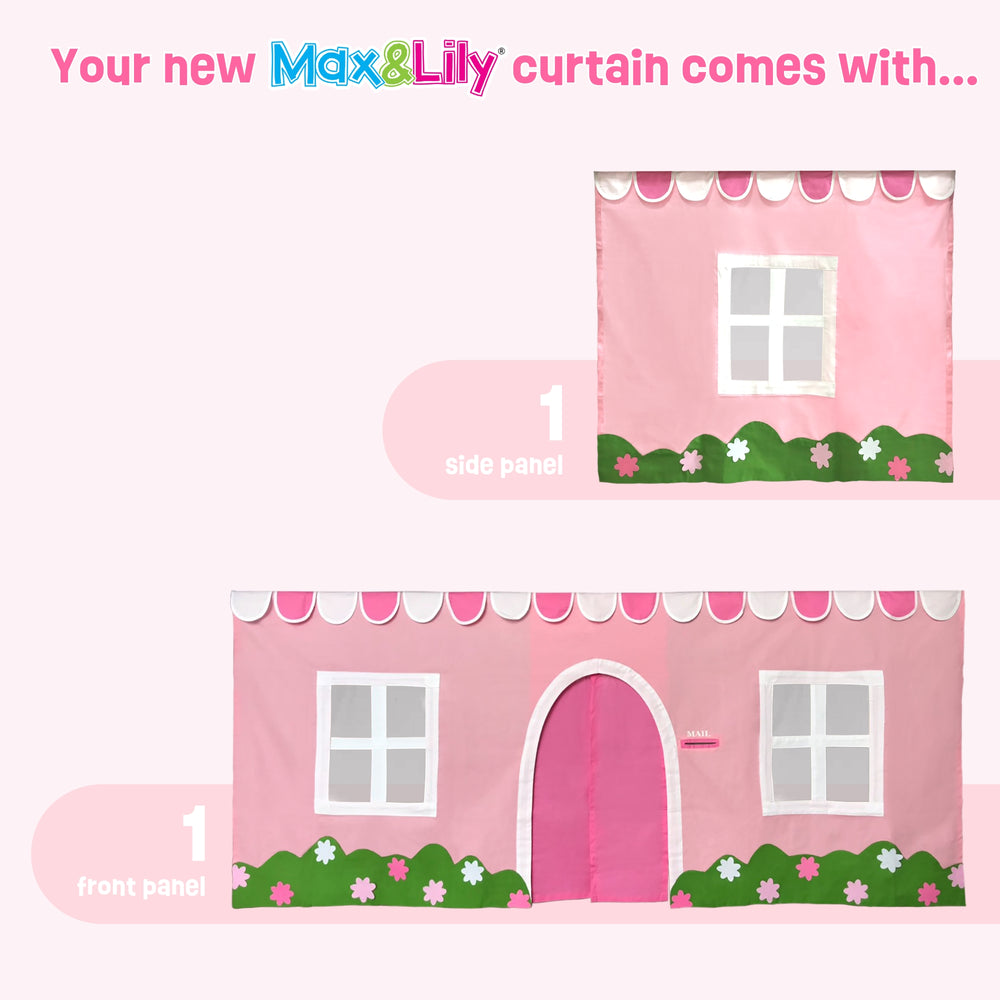Max & Lily playhouse pink curtain set with front and side panels for kids' bedroom décor.