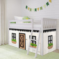 Children's loft bed with house-themed play curtain and ladder, perfect for a stylish and fun kids' bedroom setup.