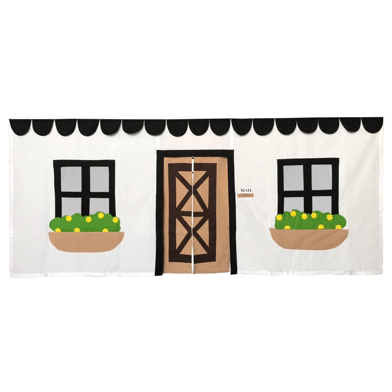 Fabric playhouse front view with brown door, two windows, potted plants, and black scalloped roof.