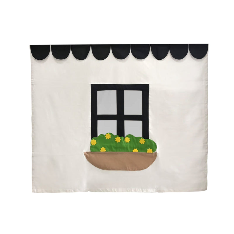 Decorative black and white awning with flower box and window pattern for home decor.