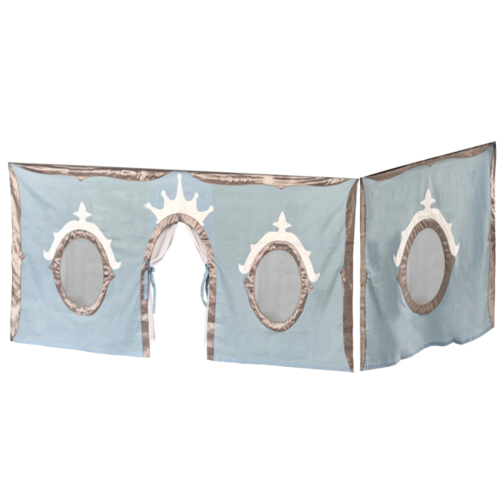 Children's play tent with blue castle-themed design, featuring crown and window details. Perfect for imaginative indoor play and toddler fun.