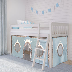 Children's loft bed with blue tent curtains, ladder, and crown-themed decor in a bright kids' playroom.