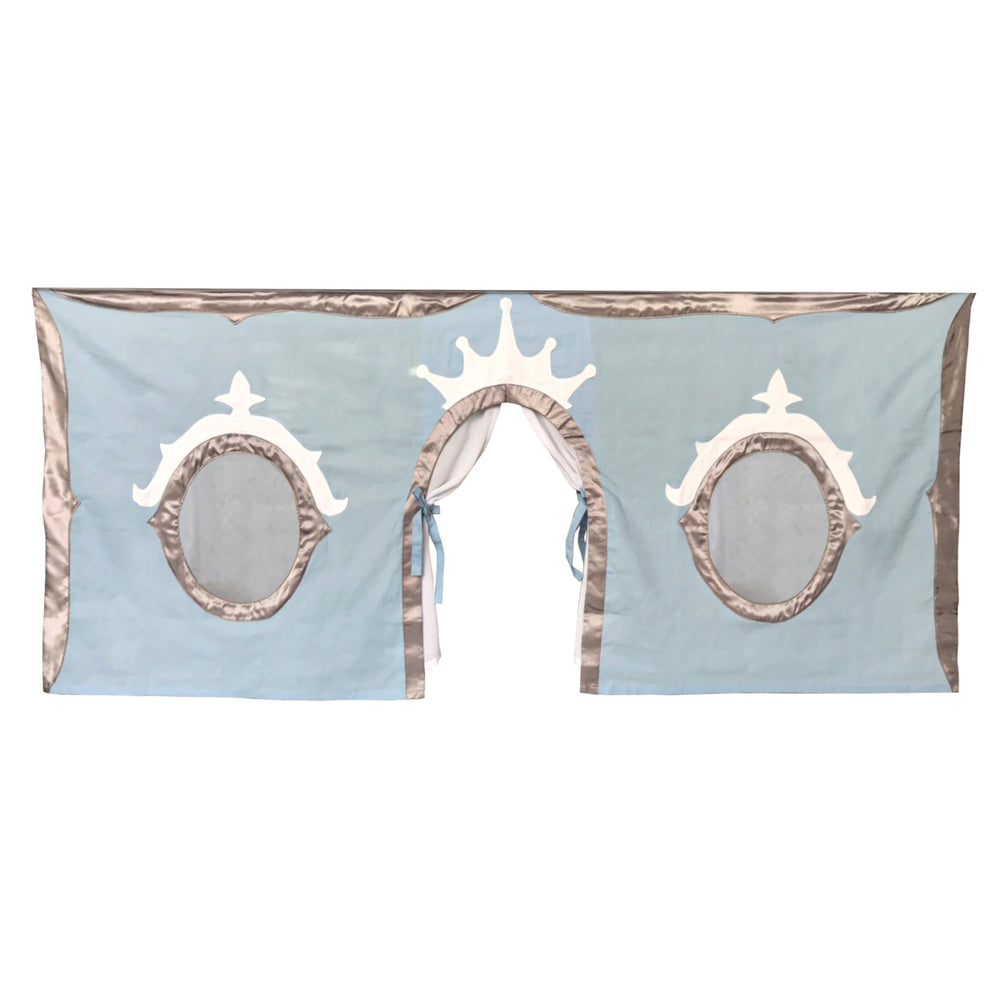 Blue play tent cover with crown and window designs for children's beds.