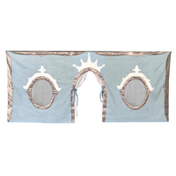 Blue play tent cover with crown and window designs for children's beds.
