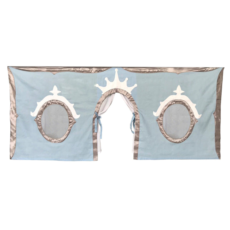 Blue play tent cover with crown and window designs for children's beds.