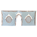 Blue play tent cover with crown and window designs for children's beds.