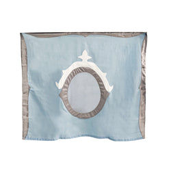 Luxury blue silk scarf with intricate oval design featuring silver and white accents.