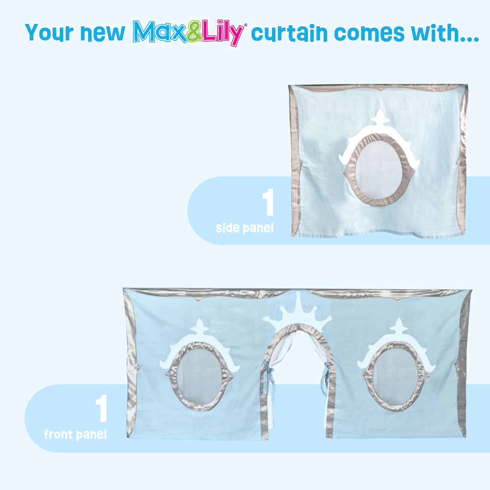 Blue Max & Lily curtain set featuring a side panel and front panel with decorative silver accents.