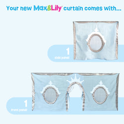 Blue Max & Lily curtain set featuring a side panel and front panel with decorative silver accents.