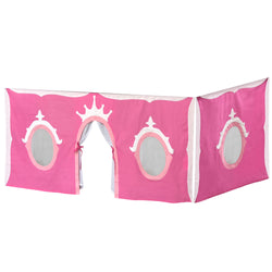 Pink princess-themed play tent with decorative crown and oval windows.