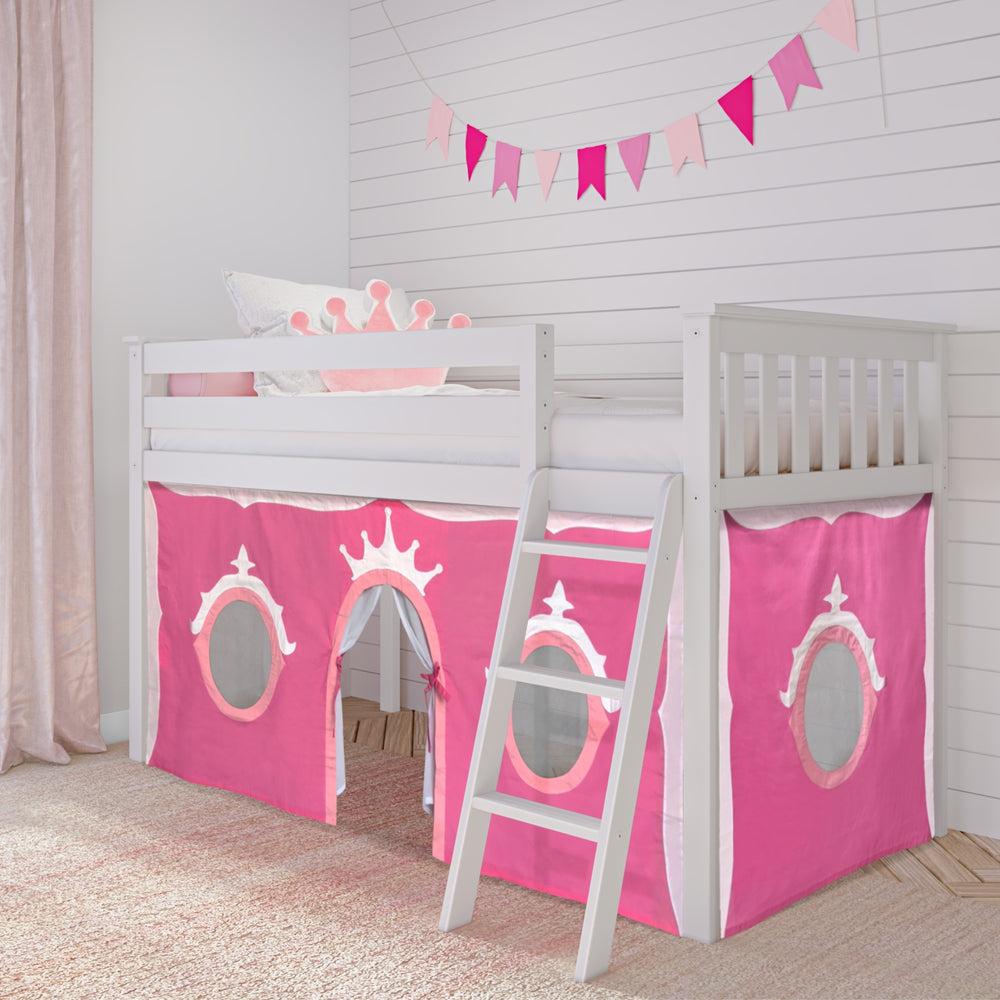 Princess-themed loft bed with pink castle tent and ladder in a children's bedroom.