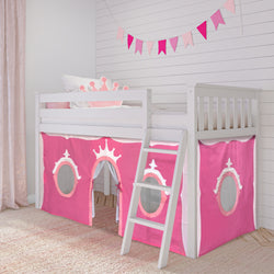 Princess-themed loft bed with pink castle tent and ladder in a children's bedroom.