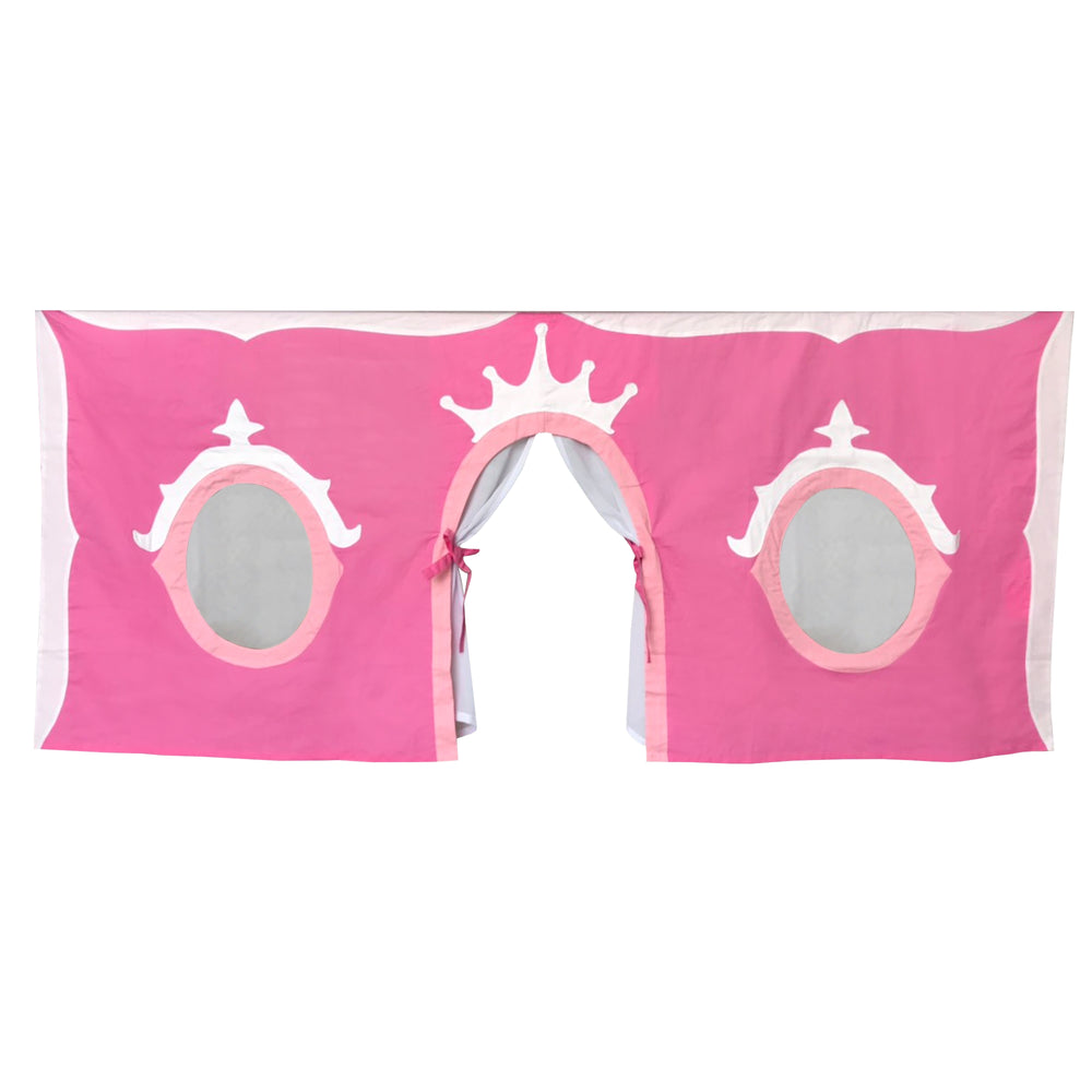 Pink princess play tent with crown design and windows.