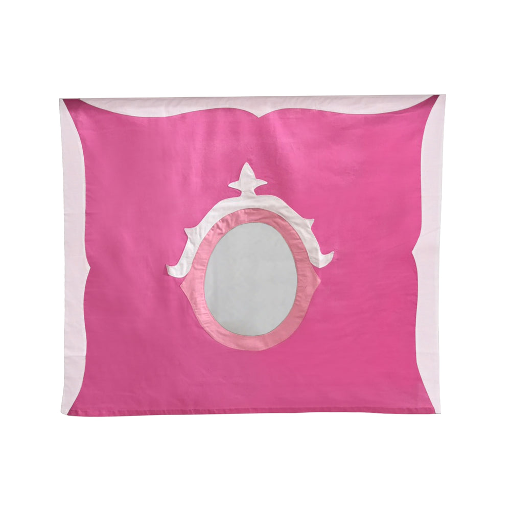 Elegant pink and white pillowcase with decorative embellishments featuring an oval central cutout design.