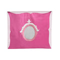 Elegant pink and white pillowcase with decorative embellishments featuring an oval central cutout design.