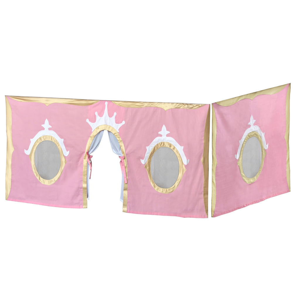 Pink princess play tent with gold accents and crown design, perfect for kids' bedroom or playroom decor.