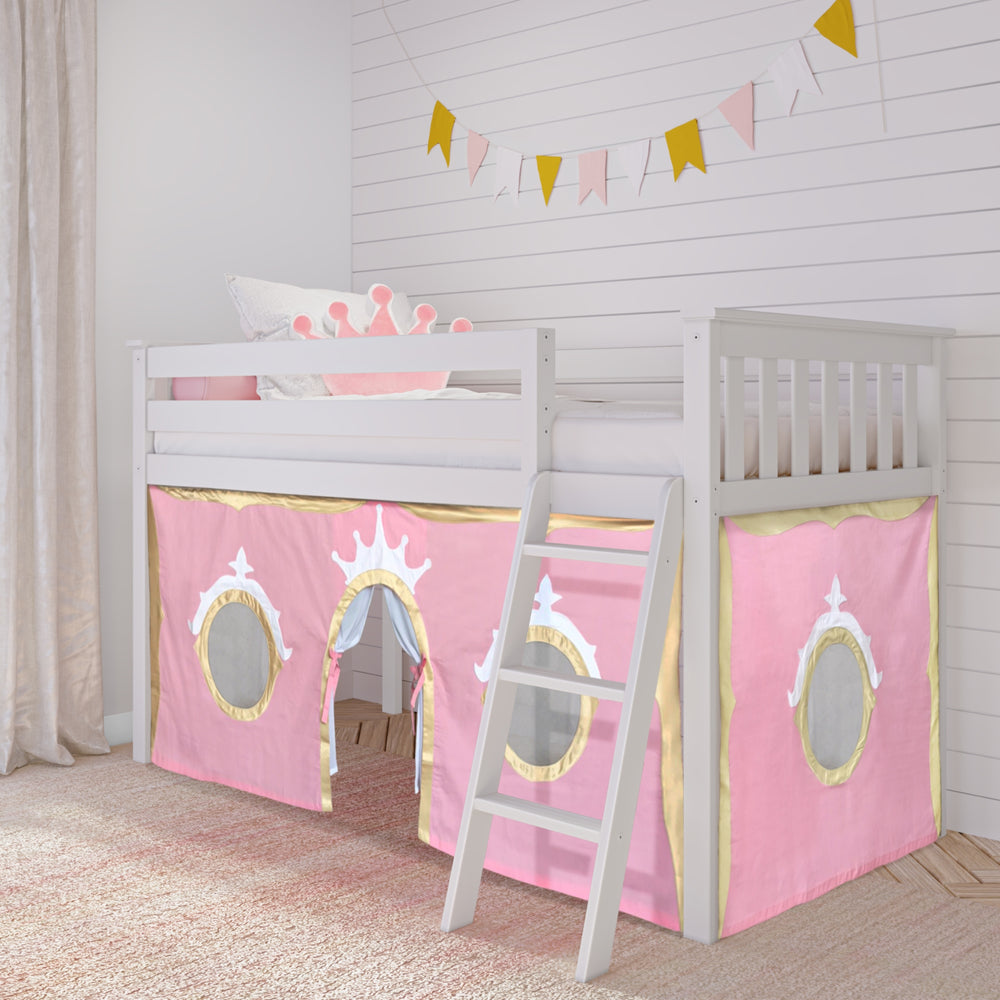 Children's princess-themed loft bed with pink and gold castle design, featuring decorative banners and ladder.