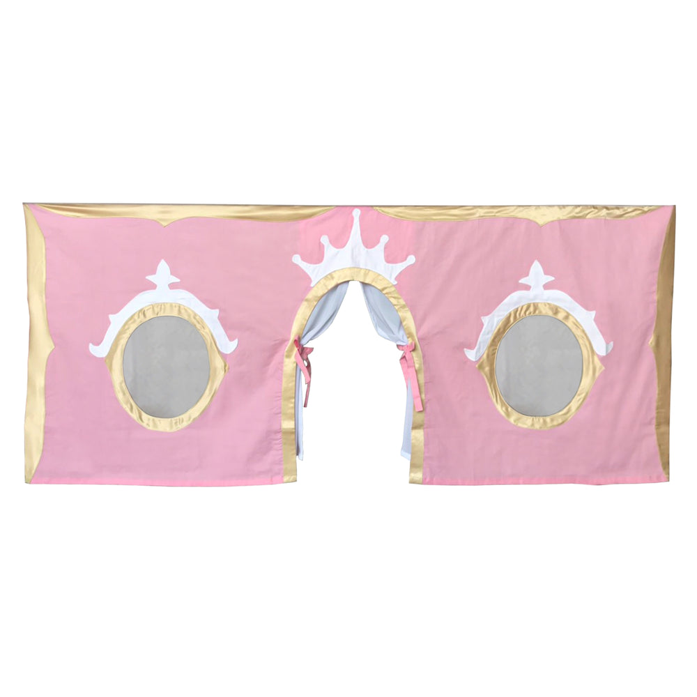 Pink princess castle bed canopy with crown design and arched window openings for children's bedroom decoration.