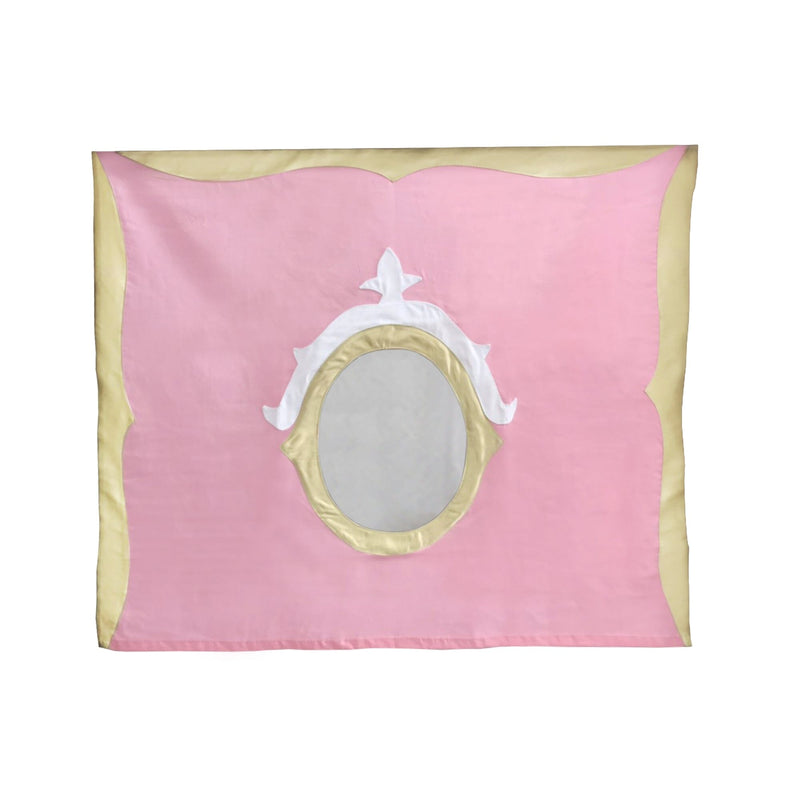 Pink and gold fabric frame with oval mirror, elegant decorative home accessory.