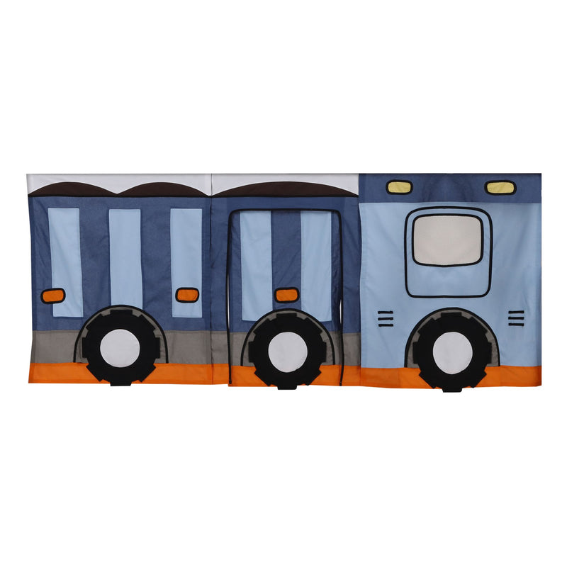 Blue and orange children's play tent designed as a cartoon bus.