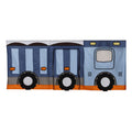 Blue and orange children's play tent designed as a cartoon bus.