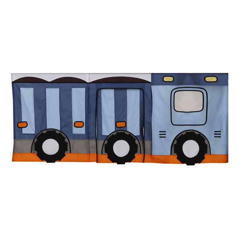 Blue and orange children's play tent designed as a cartoon bus.